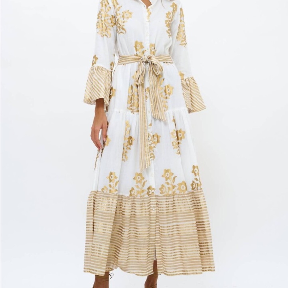 NWT Oliphant Gold Jakarta Floral White and Gold Maxi Dress M